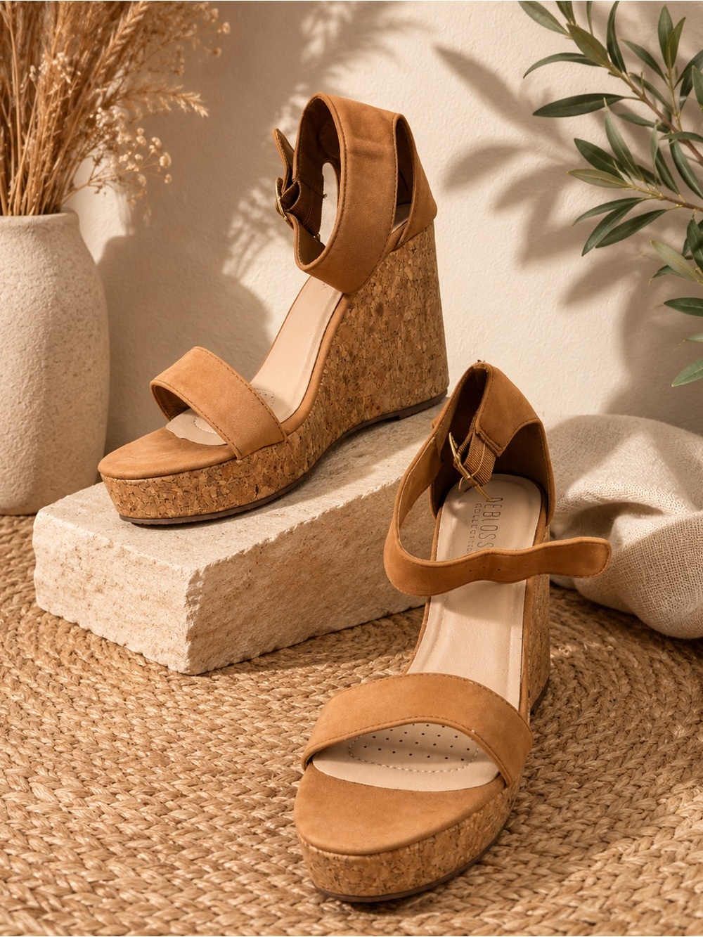 Women’s Tan Cork Platform Wedge Sandals with Ankle Strap